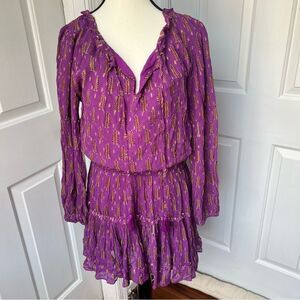 Oliphant||Smocked Waist Long Sleeve Mini Dress Floral Cotton Small